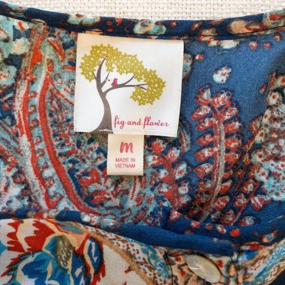 Fig and Flower Boho Floral Patchwork Tunic Top Medium Blue Paisley Blouse - Picture 3 of 4